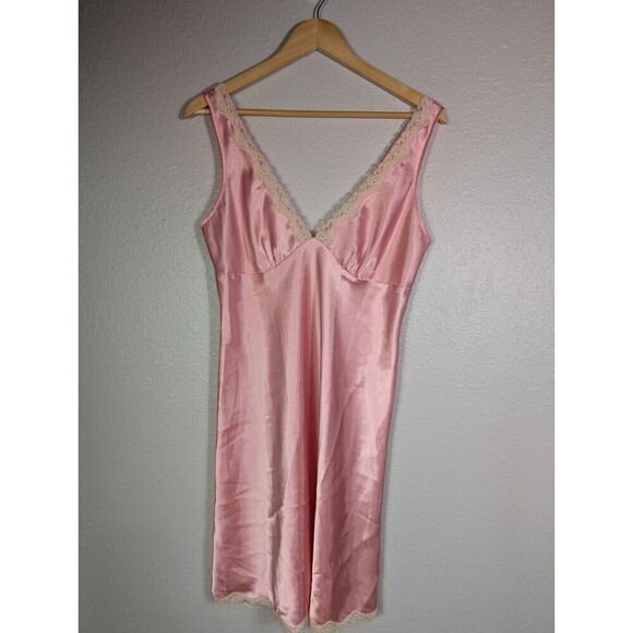 VINTAGE VICTORIAS SECRET PINK  SATIN SLIP DRESS Lace NIGHTY LINGERIE Size M 108 - Picture 1 of 6